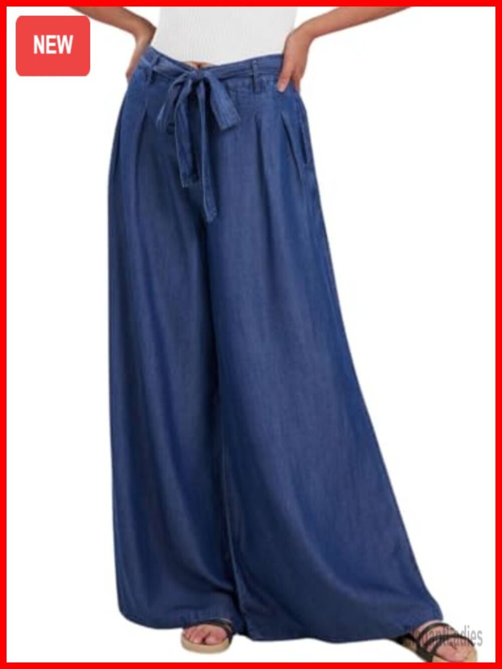 High Waist Flowy Wide Leg Pleated Tie Front Denim Pants Trousers